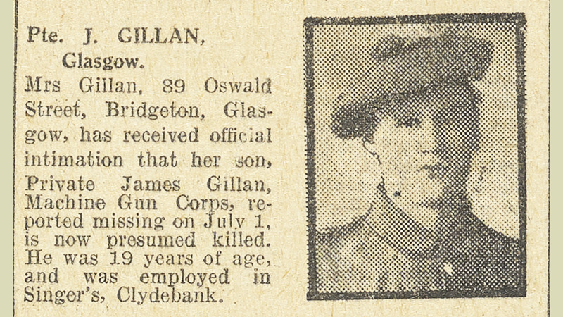 Newspaper article with photograph of a soldier. 