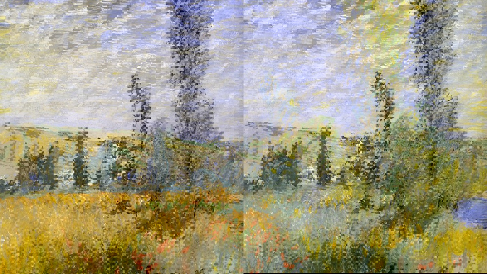 painting of a field scene showing long grass, trees and a cloudy summer sky.