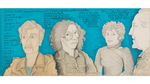 An image of an artwork by Alasdair Gray which shows a pencil outline of four people against a blue backdrop. it is called Four Folk in Glasgow Publishing 1977: Simon Berry and Bill McLellan, Glasgow Publishers, Jim Taylor, Australian Writer and Printer, Shelley Killen USA Artist, 1977 by Alasdair Gray. Glasgow Life Museums’ collection. © The Estate of Alasdair Gray 
