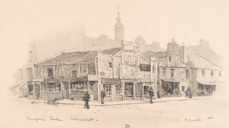 Drawing of a small theatre on a Glasgow Street