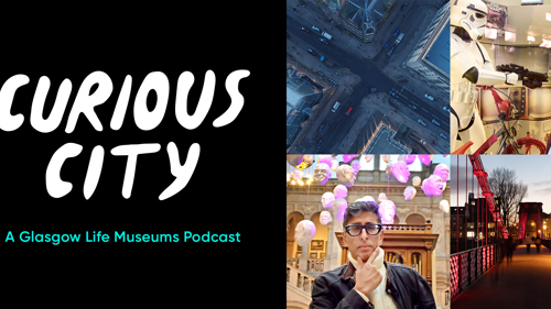 A collage of four images showing a city from above, a city bridge, a person in a museum looking at a Stormtrooper, a person holding their fingers on their chin in a large marble museum hall