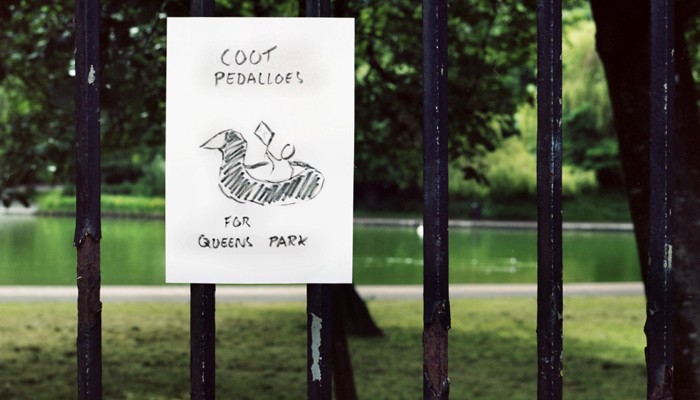 A sign is attached to a railing it reads "coot pedalos for Queens Park"