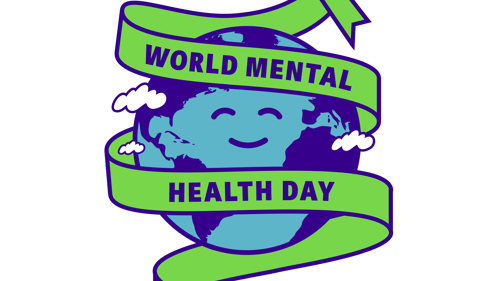 A cartoon mascot of a smiling globe with text World Mental Health Day