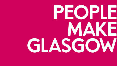 A logo with rubine background and white text reads PEOPLE MAKE GLASGOW