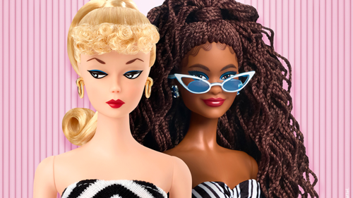 A close up of two Barbie dolls against a light pink background. Both are wearing black and white swimsuits. One has a blonde ponytail and is wearing golf hoop earrings. One has long brunette braids and is wearing large white sunglasses