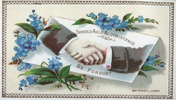 A greetings card featuring an illustration of two hands shaking. 