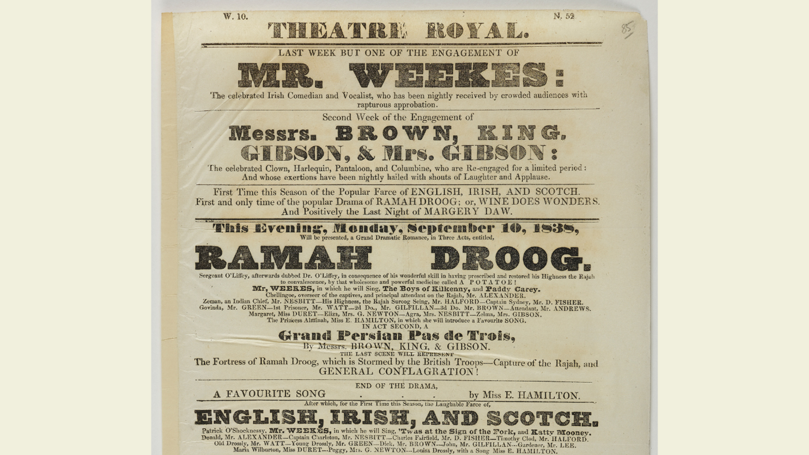 Playbill for Theatre Royal, Glasgow. 10 September 1838. Main headline reads "Will be presented, a Grand Dramatic Romance in three acts entitled, Ramah Droog".