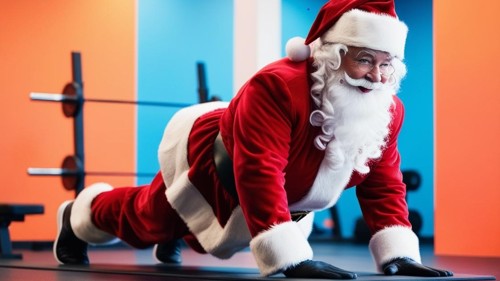 An AI generated image of Santa Clause in his big red suit, doing a plank exercise in a gym. He is on the floor supporting his weight with his outstretched arms and feet