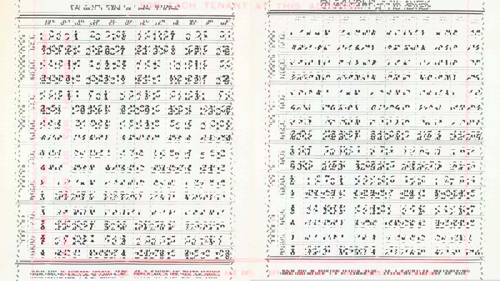 A rota of dates for washing and drying for tenants from June to May, using black and red text on white paper.