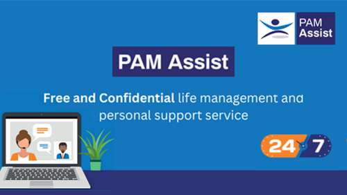 Blue graphic showing a person taking a meeting on a laptop