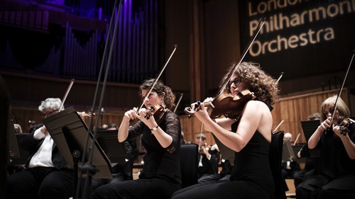 Close up of four violinists performing in an orchestra on stage. They are all wearing black and sitting behind music stands in front of a sign that reads London Philharmonic Orchestra