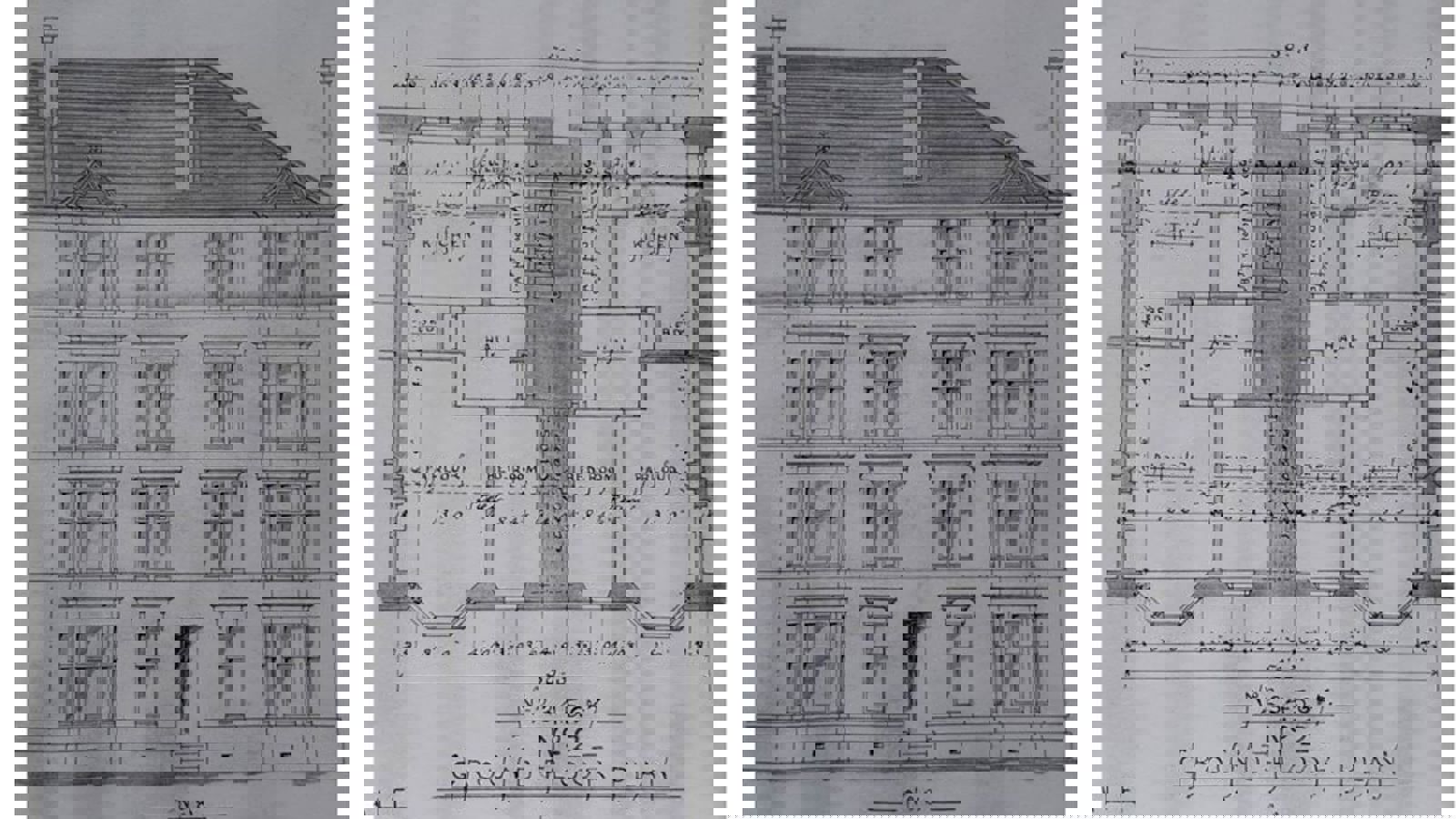 A drawing of a housing plan including front elevation and ground floor plans, drawn in pencil on white paper.