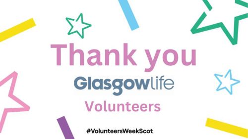 Banner with colourful illustrations of stars and text Thank You Glasgow Life Volunteers