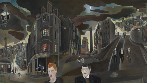 A painting made up of dark and wavy figures and objects shows a Glasgow streetscape in the 1950s