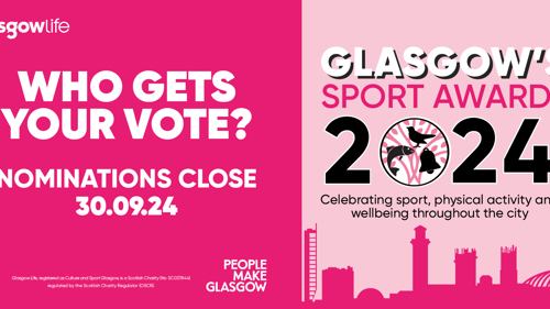 A pink banner with text Glasgow's Sport Awards 2024 who gets your vote?