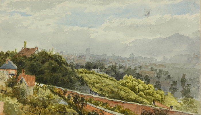 Watercolour view of Norwich with houses and trees in foreground.