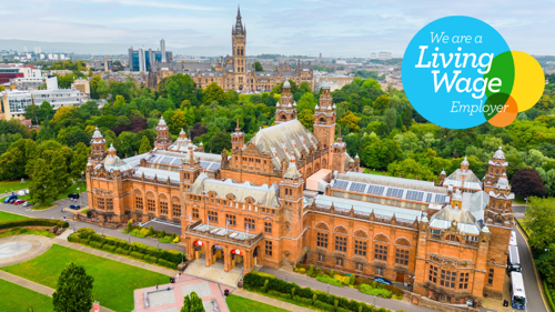 An aerial shot of Kelvingrove Art Gallery and Museum in Kelvingrove Park in Glasgow