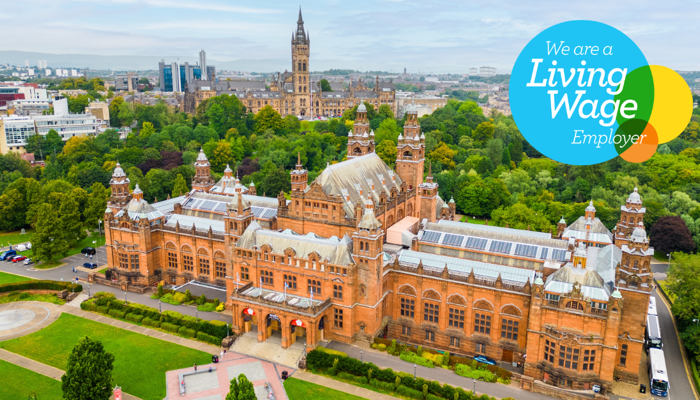 An aerial shot of Kelvingrove Art Gallery and Museum in Kelvingrove Park in Glasgow