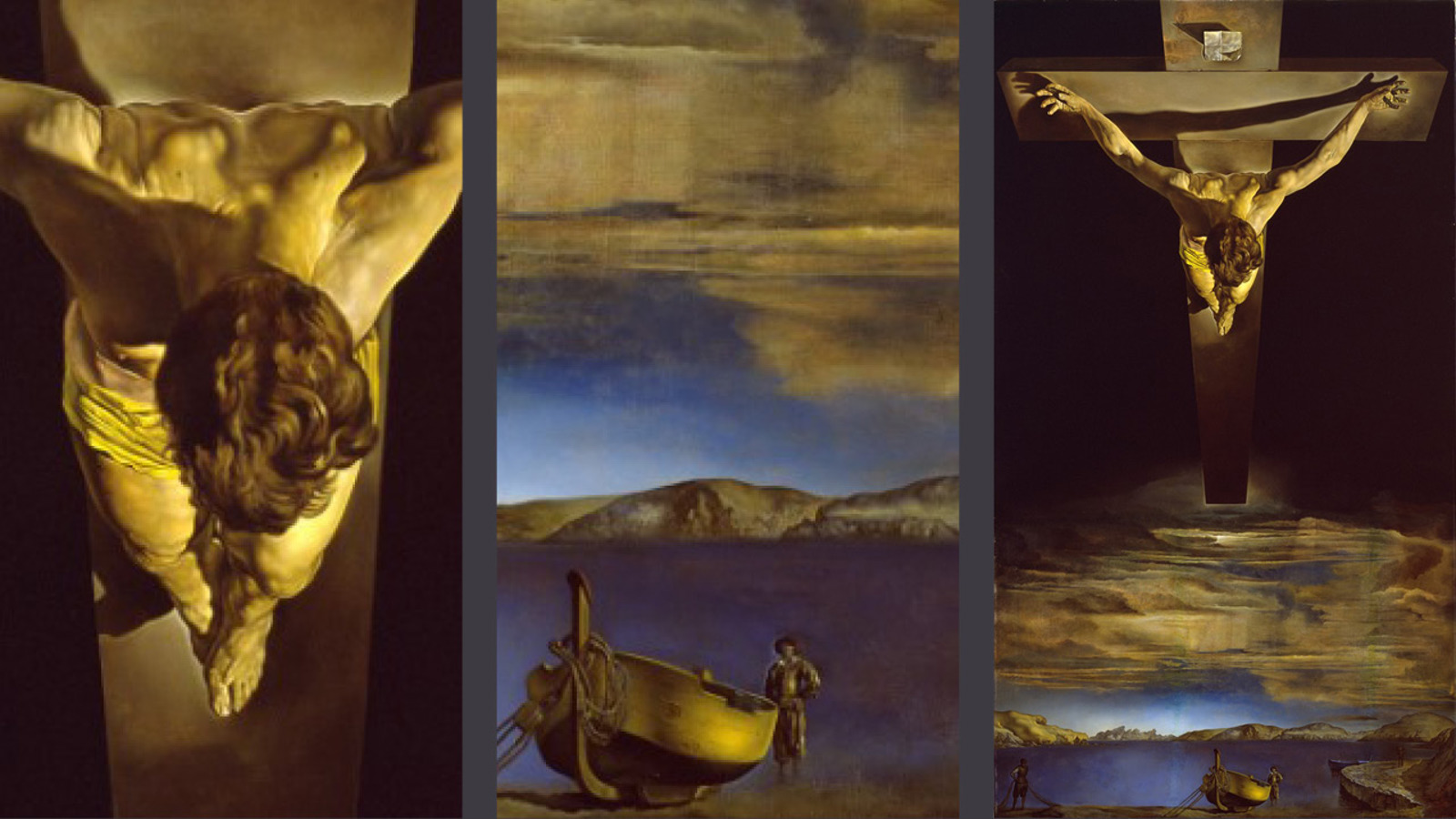 Collage of three different close-up details of Salvador Dali's 'Christ of Saint John of the Cross' painting.