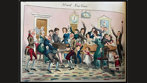 A coloured cartoon from 1825. A group of people in formal dress are seated round a table in a dining room and standing up, dancing, and drinking. A celebration is in progress. 