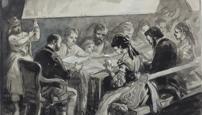 A watercolour sketch of a group of people sitting at a table