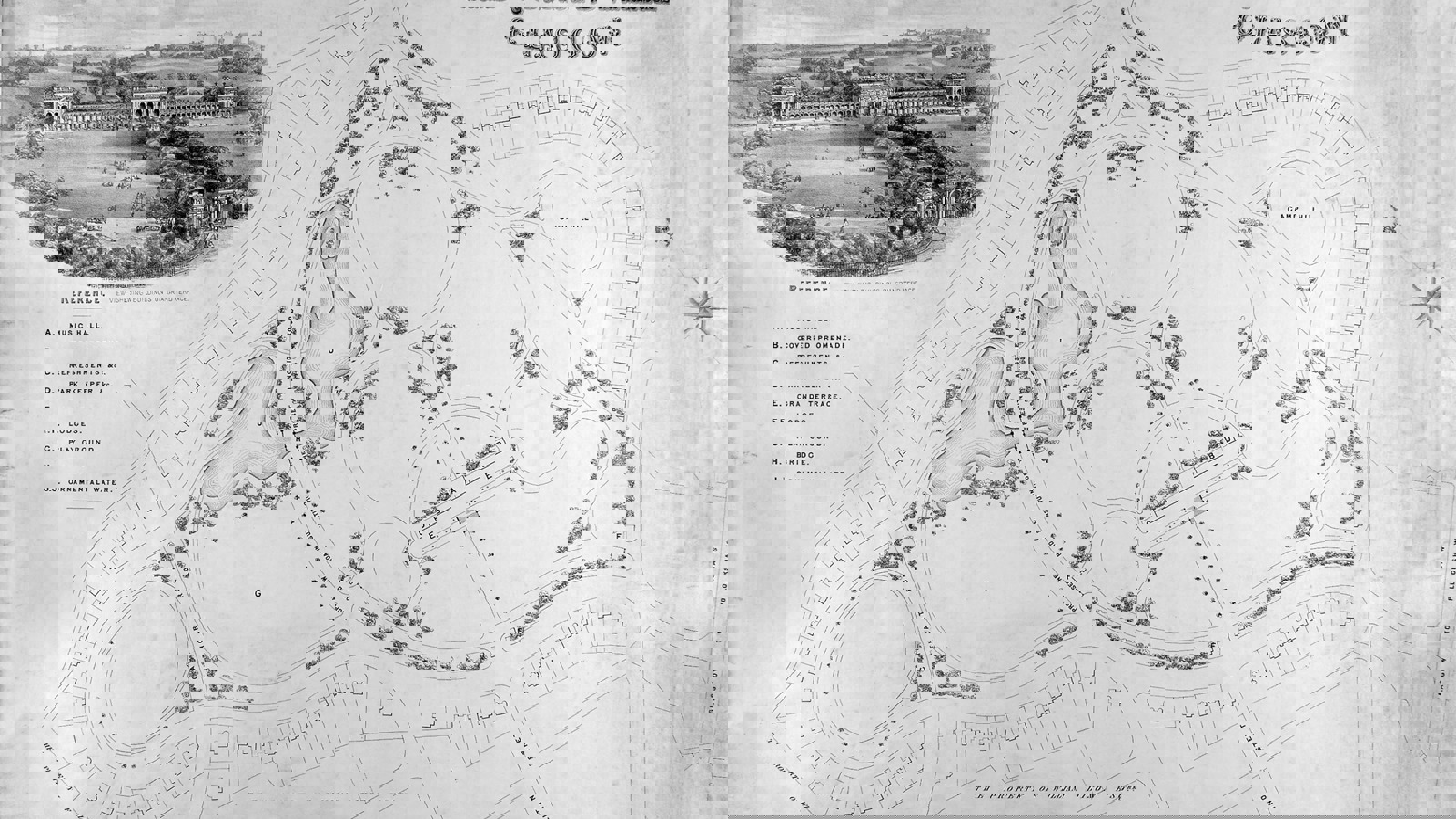 A black and white digital drawing of Glasgow's Queen's Park which includes lodges, a playpark and a music hall.