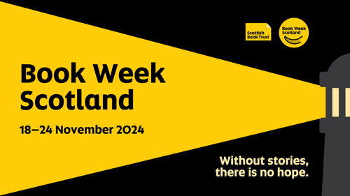 A black and yellow banner featuring a graphic of a lighthouse. In its yellow beam of light are the words Book Week Scotland