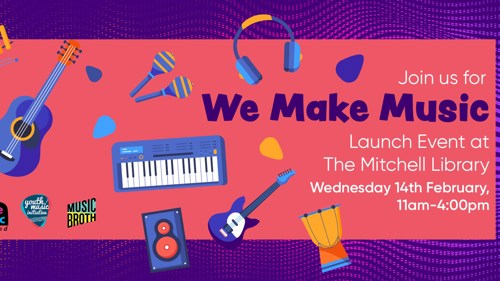 Colourful banner showing graphics of musical instruments