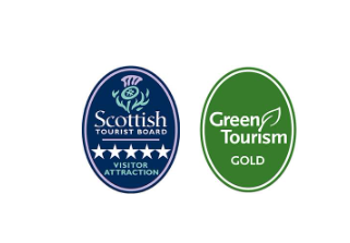 Blue oval logo for Scottish Tourist Board showing a thistle and 5 stars. Green oval logo for Green Tourism award (gold is written in words)