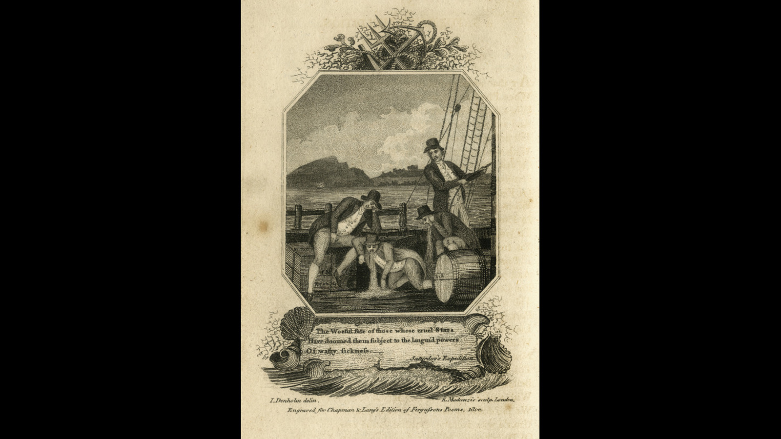 Early‑19th‑century shipboard engraving showing three seasick passengers in 18th‑century clothing—one leaning over a barrel, one vomiting, and one slumped on a crate—while a fourth person stands holding a rope. A coastal landscape appears in the background, with a decorative nautical emblem above and a poetic caption below