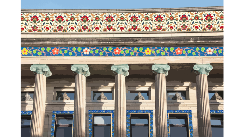 A collage image of a classical facade of a building. There are Persian patterns collaged between the stones