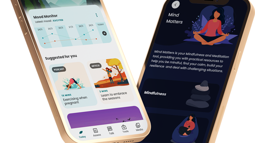 The screens of two mobile phones showing wellbeing support including an animated breathing exercise and mood tracker