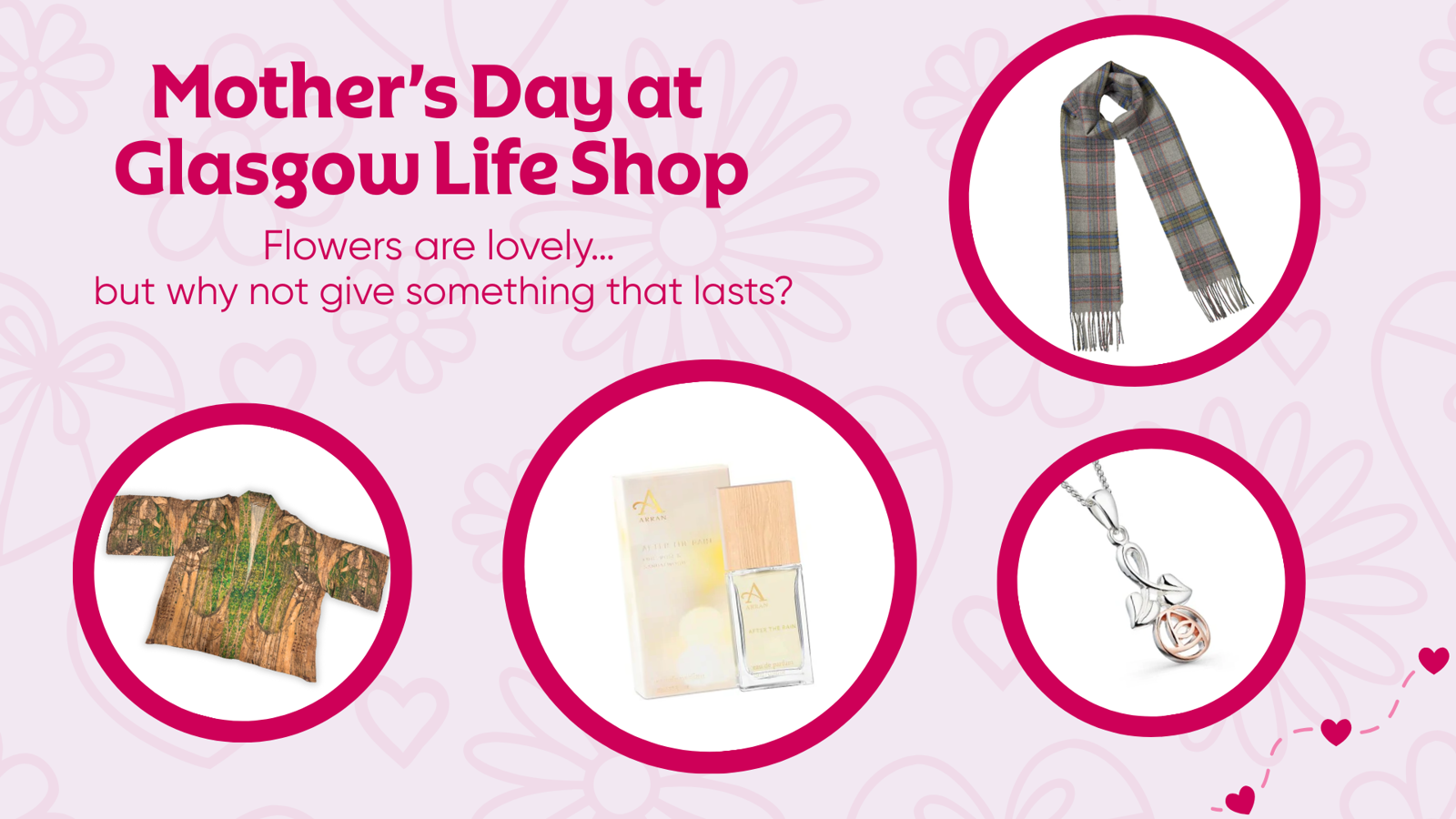Images of a handbag, kimono top, bottle of perfume and necklace with text Mother's Day at Glasgow Life shop.