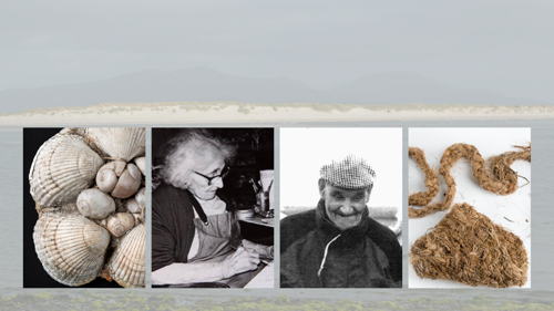 Background of sky with four smaller images featuring people and artwork