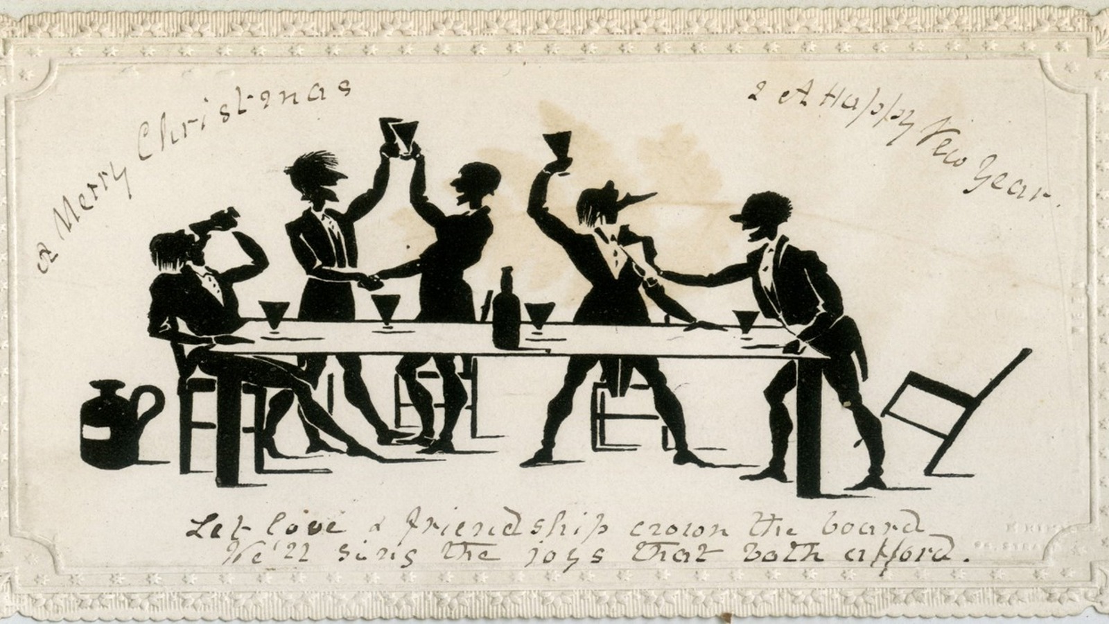 A Christmas card with a silhouette of people around a table, eating and drinking
