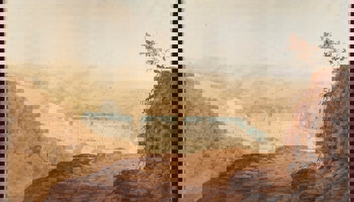 a large artwork showing the extent of David Dale's works at Lanark comprising of long high warehouses