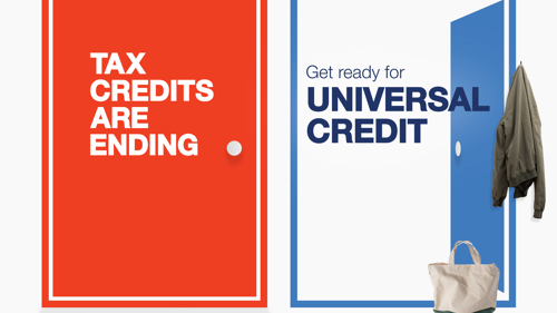 A graphic of a closed door with text Tax Credits are ending and an open door with text Get ready for Universal Credit