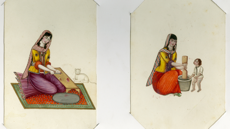 Two paintings (Persian Miniature Style) On the left is a woman wearing Persian clothing. She is kneeling on a carpet, cutting food on a low table. A white cat sits beside her, expectantly. On the right is a woman wearing Persian dress gathered around a bucket with a small child.