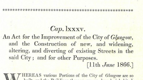 A photograph of an Improvement Act from 1866, with a picture of a lion wearing a crown and a unicorn leaning on a coat of arms.