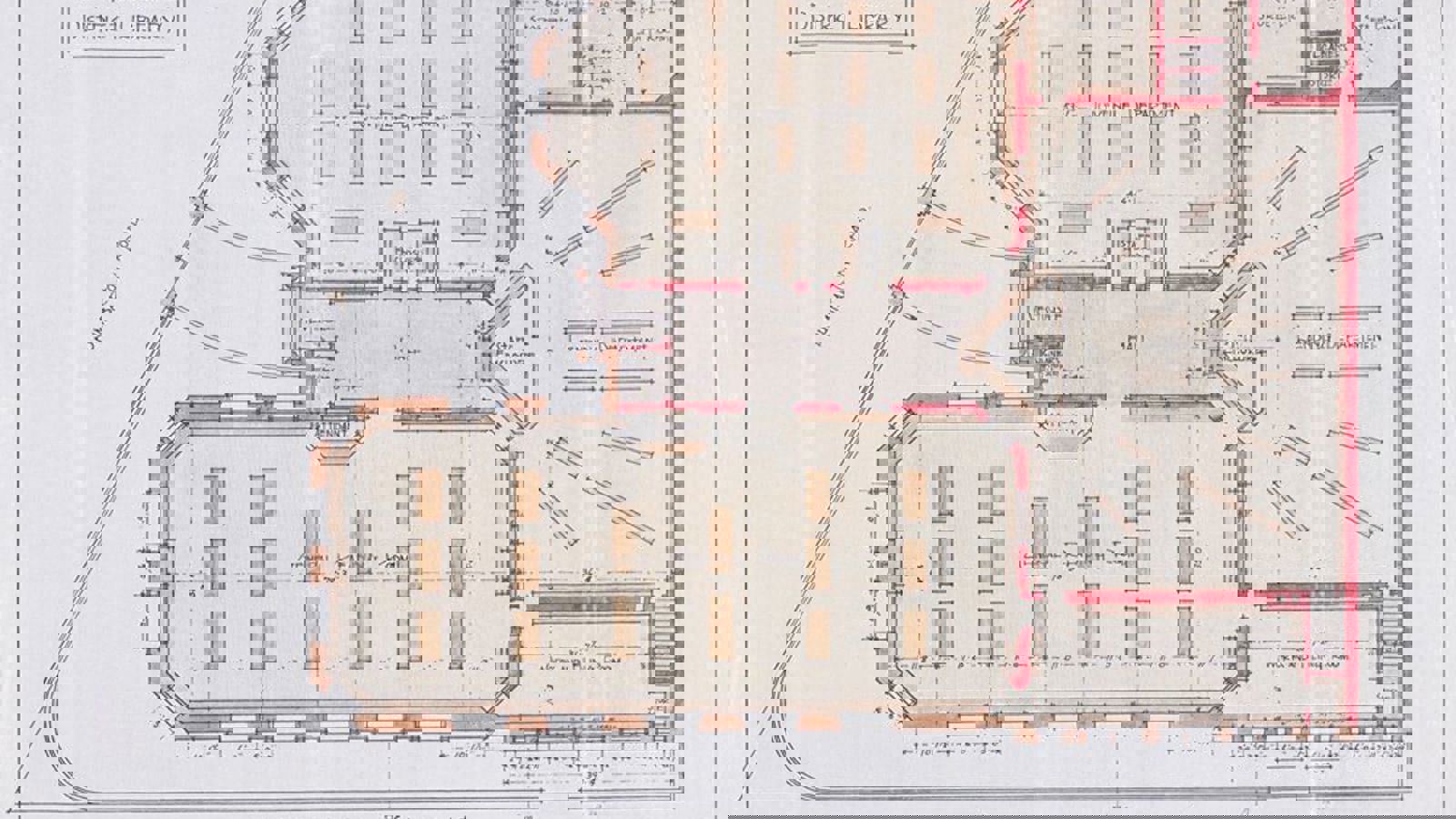 An illustrated plan of Partick library's ground floor created in pencil, using red, yellow and brown to draw distinguish markings.
