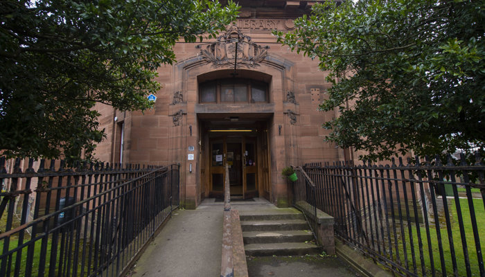 Whiteinch Library from steps leading to open library door