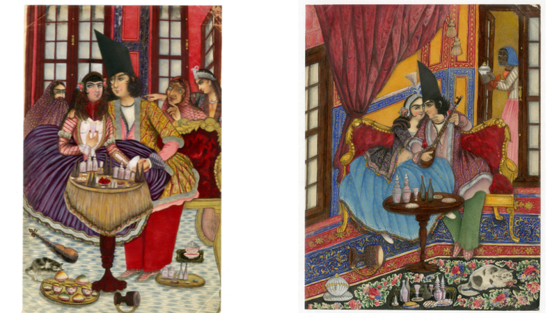 2 paintings (Persian Miniature Style).  A man and woman are sitting at a table laden with food and drink. They are playing a musical instrument. There are cats on the floor eating scraps. There is a woman coming through the door, probably a servant, as she is holding a container. A man and woman are sitting at a table laden with food and drink. There are cats on the floor eating scraps. There are women gathered in the background wearing veils. The harem of the Kajar court.The harem of the Kajar court. 