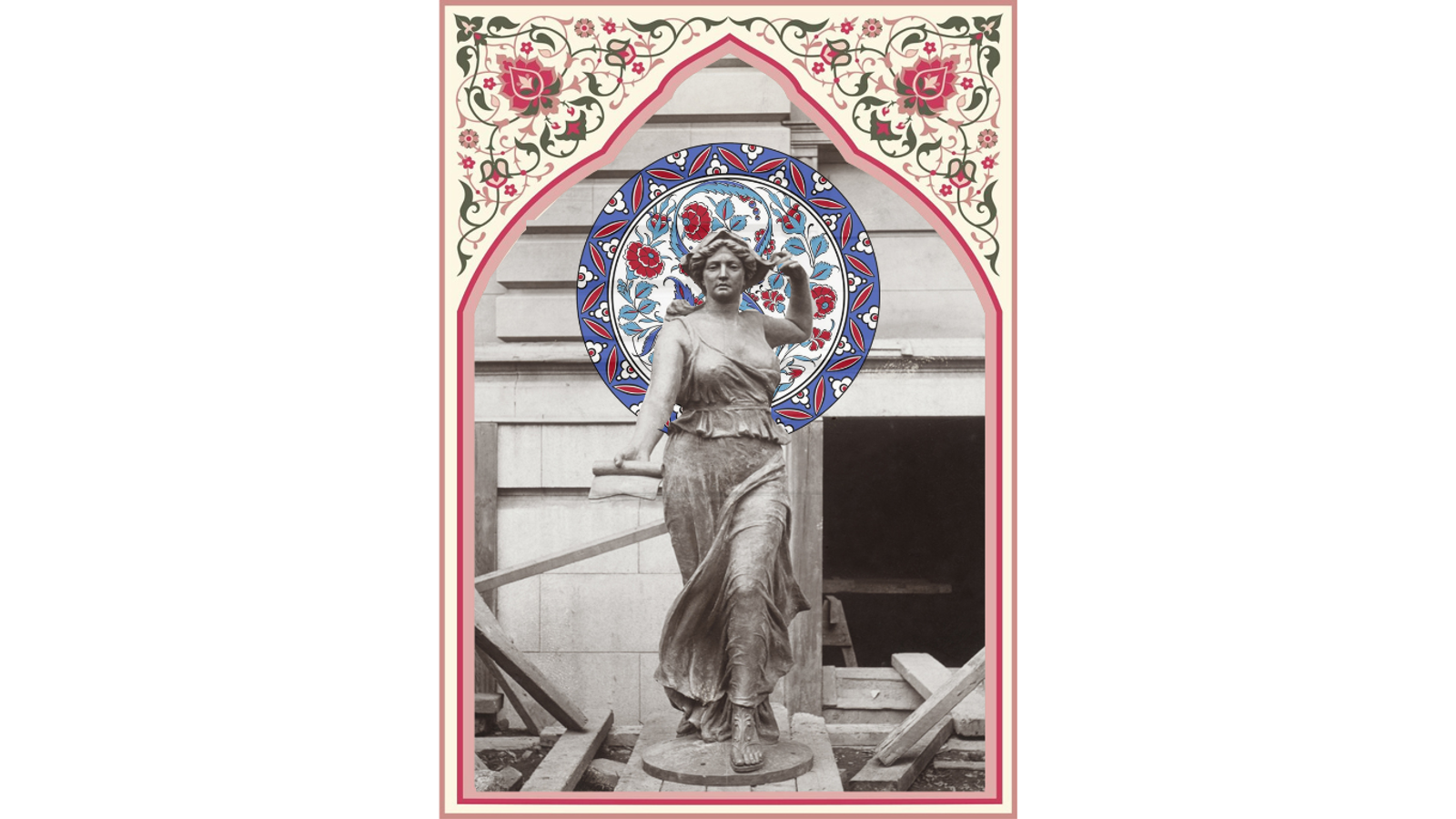 Copper sculpture of a women, collaged against a background of Persian flower patterns