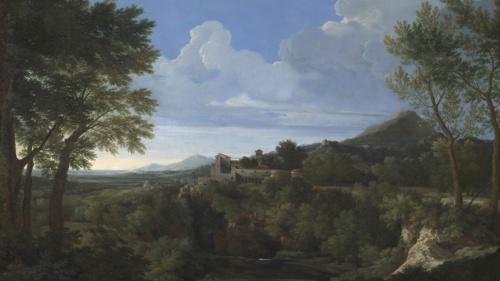 a painting showing a wooded mountain scene. To the left of the image is a tree with the mountains in the middle and a blue sky.