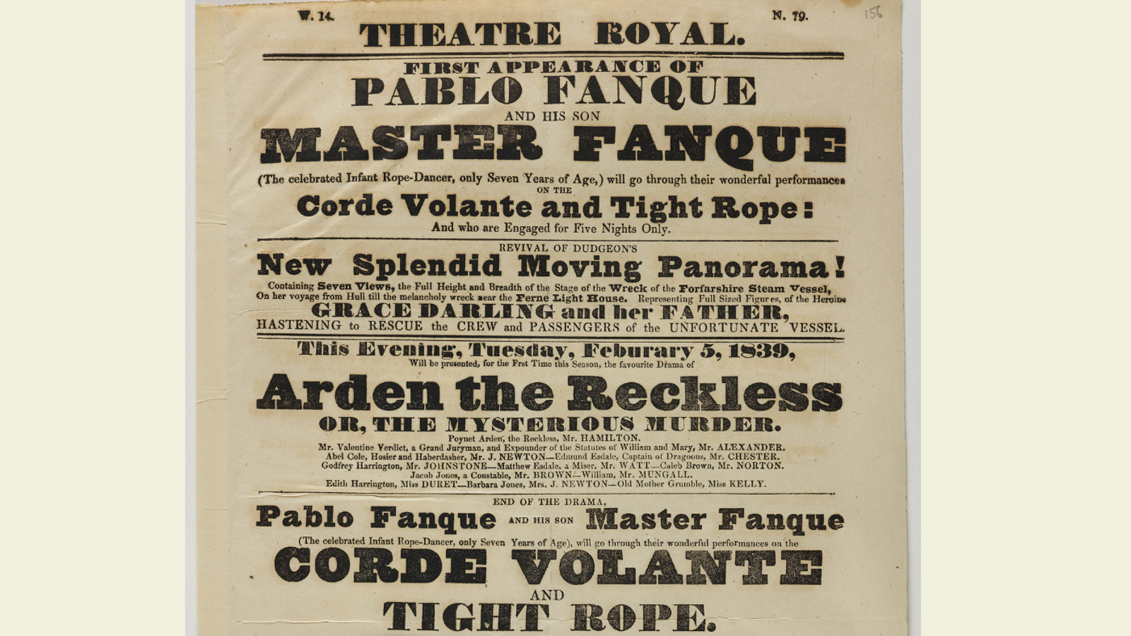 Playbill for Theatre Royal, Glasgow. 5 February 1839. Main headlines read: "First appearance of Pablo Fanque and his son Master Fanque. Corde Volante and Tight Rope."