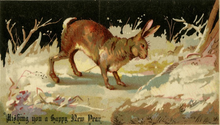 A Christmas card with an illustration of a hare on a wintry scene.