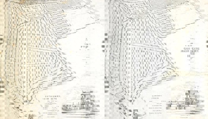 A photograph of a lair register of Craigton Cemetery which includes a drawing of a small church on it. 