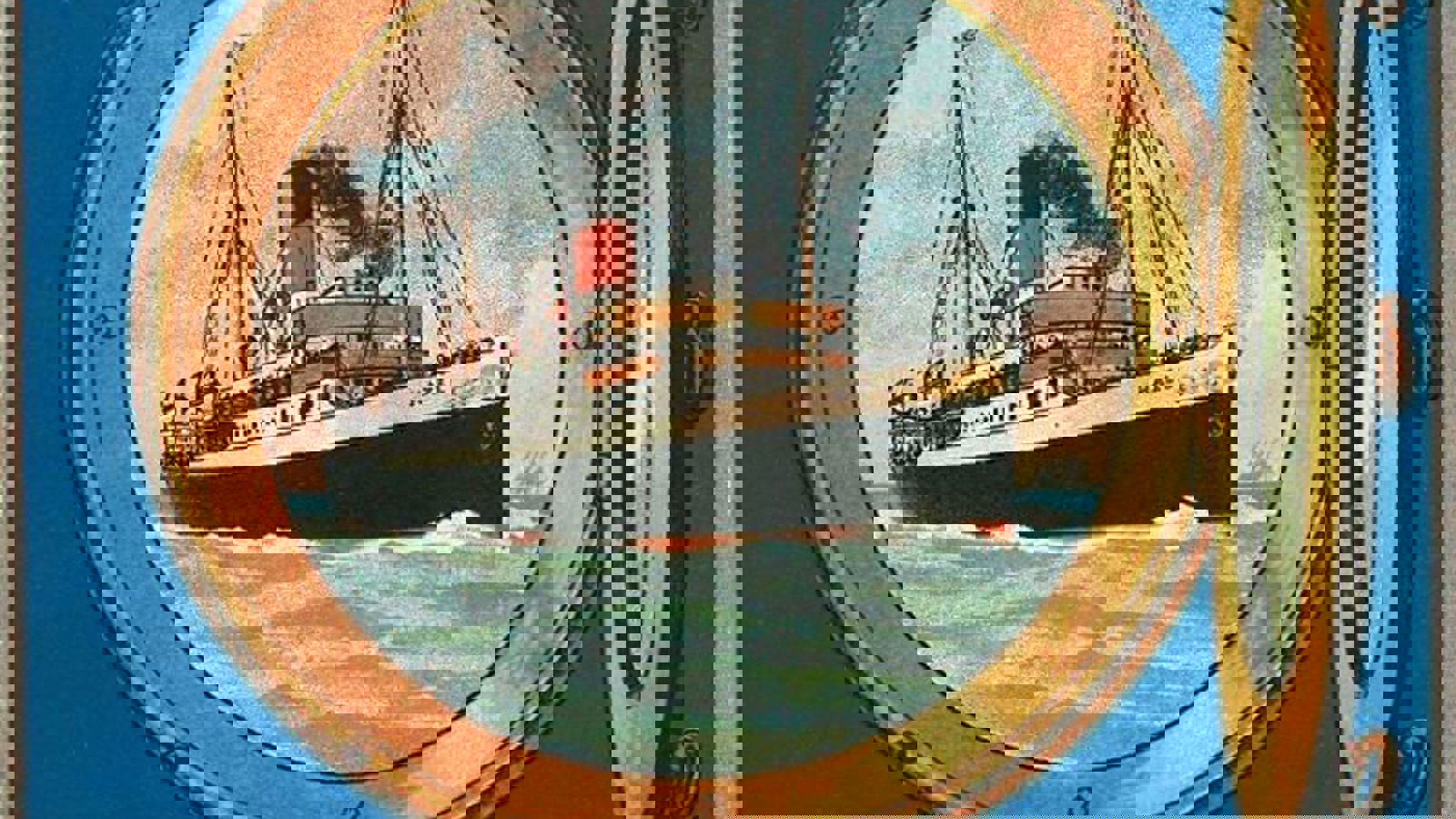 An advertisement poster for for 1908 season of Laird Line Ltd tours in Ireland, with a blue background and an illustration of a ship sailing on choppy waters seen through an open brass port hole.