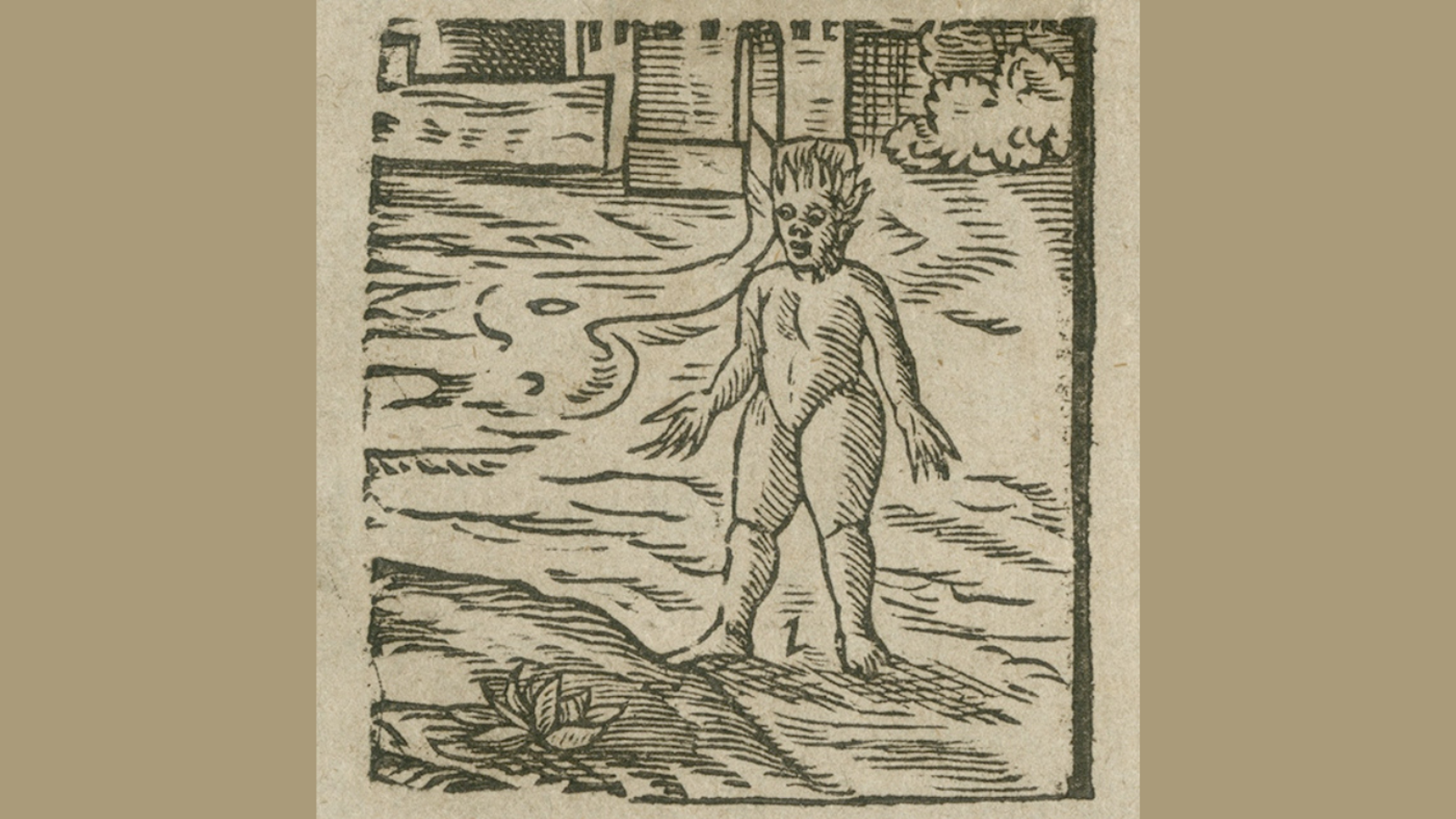 a simple woodcut decoration in the centre shows a tree-like character outside the town, gazing with surprise at a beautiful flower.