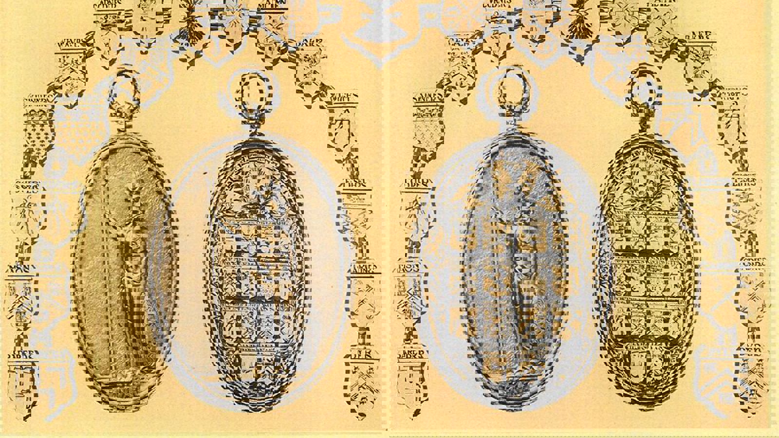 A photograph of the Deacon-convener's first medal 1767. It shows Armorial shields of the House and Incorporations